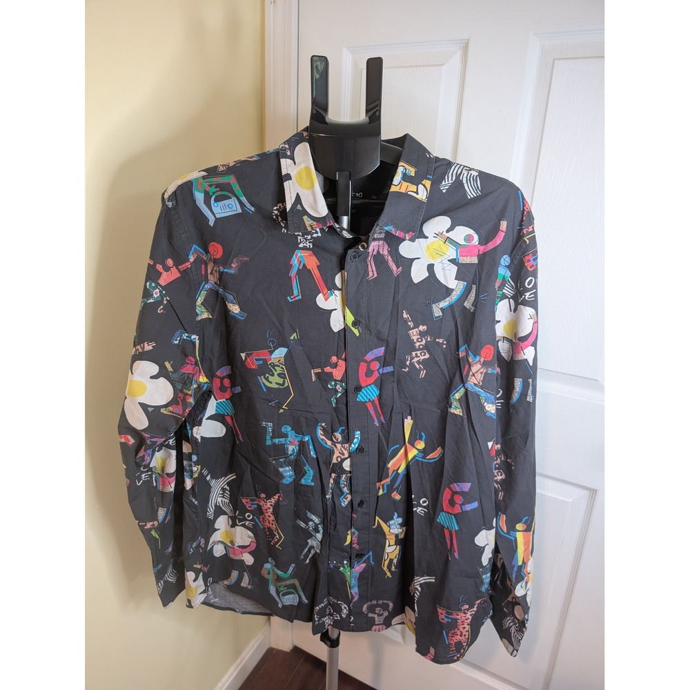 Desigual‎ Graphic Button Down Mens XXL Black Multicolor Abstract Art Love Shirt